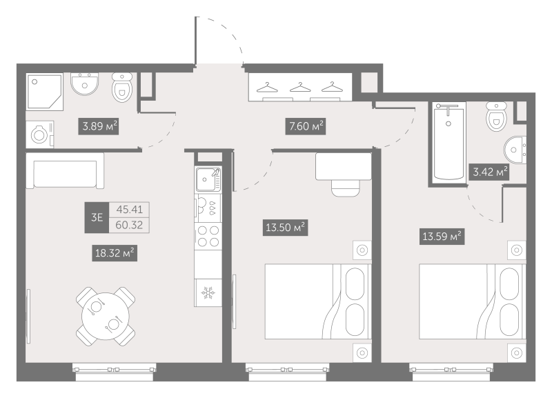 3-комнатная (Евро) квартира, 60.8 м² в ЖК "Зум на Неве" - планировка, фото №1