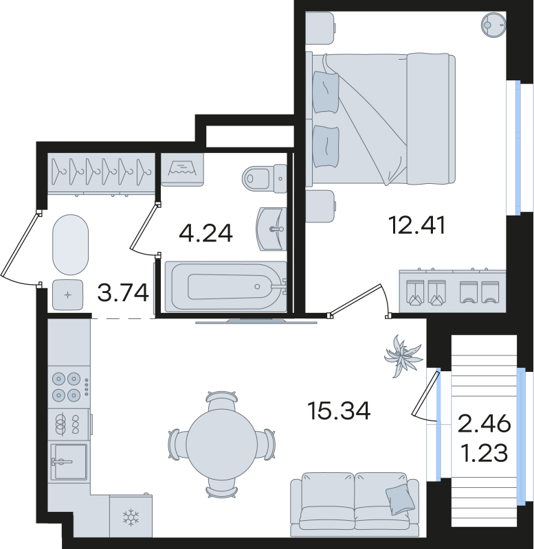 2-комнатная (Евро) квартира, 36.96 м² в ЖК "Романовка" - планировка, фото №1