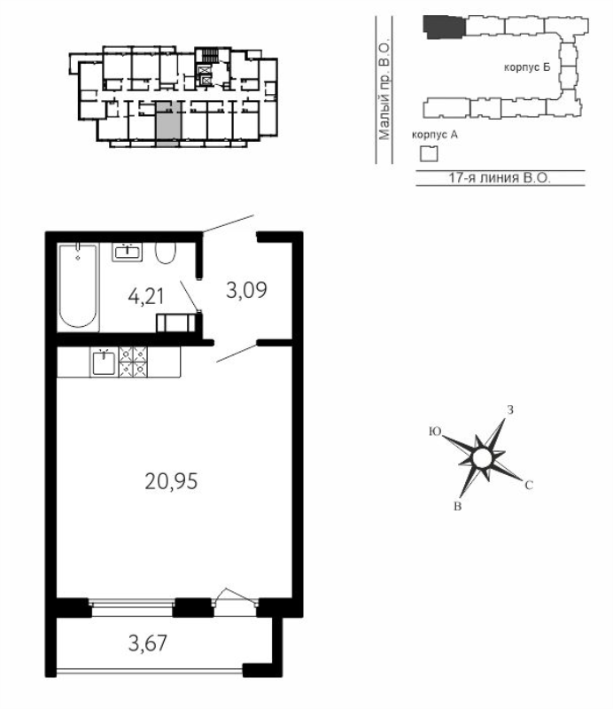 Квартира-студия, 29.35 м² в ЖК "17-я линия" - планировка, фото №1