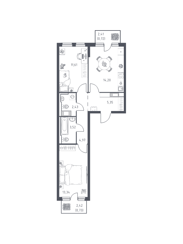 2-комнатная квартира, 56.87 м² в ЖК "Новое Колпино" - планировка, фото №1