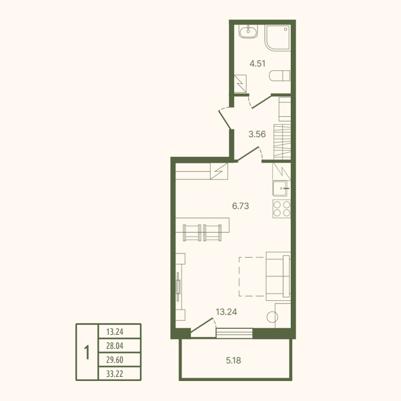 Квартира-студия, 29.6 м² в ЖК "Рауни" - планировка, фото №1