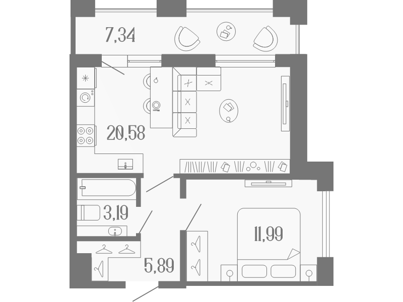 2-комнатная (Евро) квартира, 45.3 м² в ЖК "Коллекционный дом 1919" - планировка, фото №1