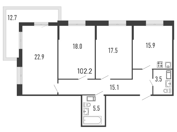 3-комнатная квартира, 102.2 м² в ЖК "Тихая гавань" - планировка, фото №1
