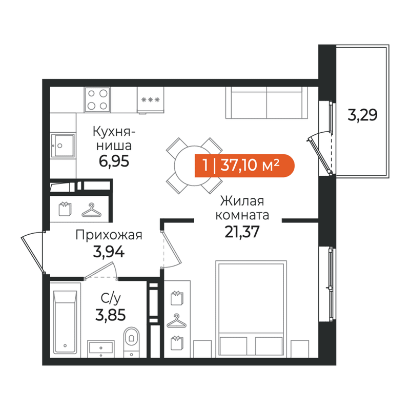 Квартира-студия, 37.1 м² в ЖК "Алгоритм Квинта" - планировка, фото №1