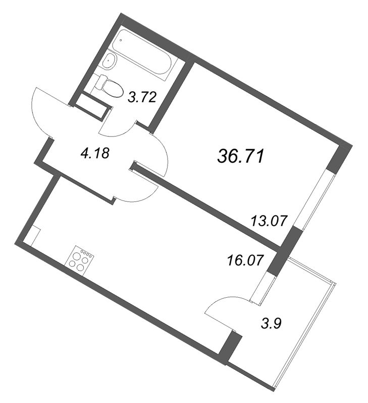 2-комнатная (Евро) квартира, 36.71 м² в ЖК "Любоград" - планировка, фото №1