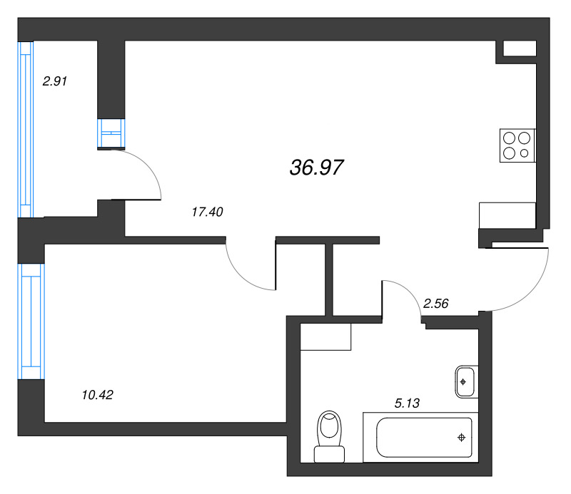 2-комнатная (Евро) квартира, 36.97 м² в ЖК "ID Murino III" - планировка, фото №1