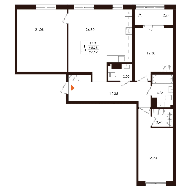 4-комнатная (Евро) квартира, 97.52 м² в ЖК "Лисино" - планировка, фото №1
