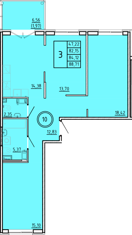 3-комнатная квартира, 82.15 м² - планировка, фото №1