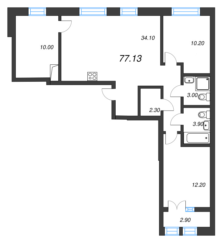 3-комнатная квартира, 77.13 м² в ЖК "NewПитер 2.0" - планировка, фото №1
