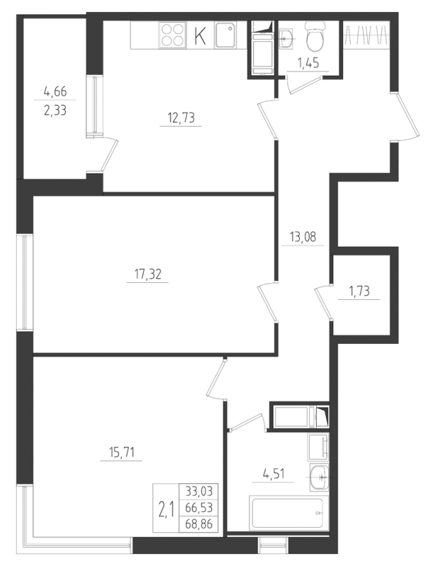 2-комнатная квартира, 68.86 м² - планировка, фото №1
