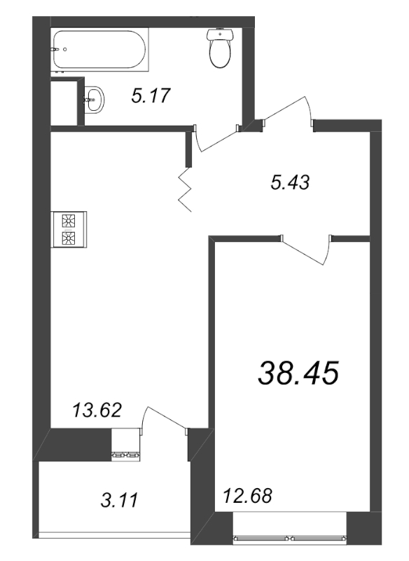 1-комнатная квартира, 38.6 м² в ЖК "Уютный" - планировка, фото №1