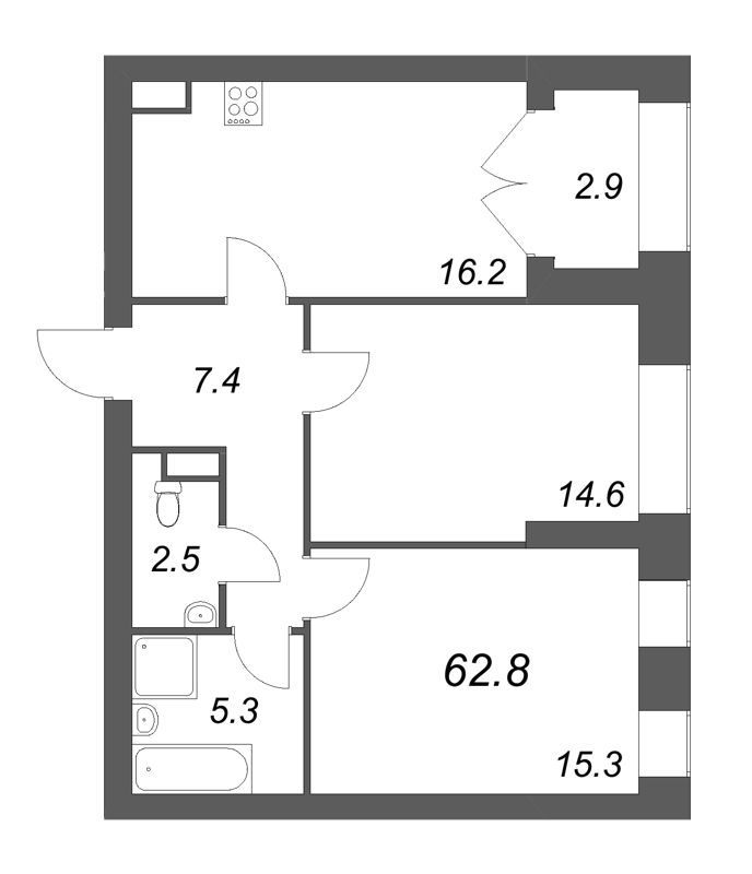 3-комнатная (Евро) квартира, 62.8 м² - планировка, фото №1