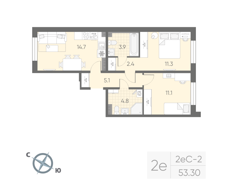 2-комнатная квартира, 53.3 м² в ЖК "Пулково Lake" - планировка, фото №1