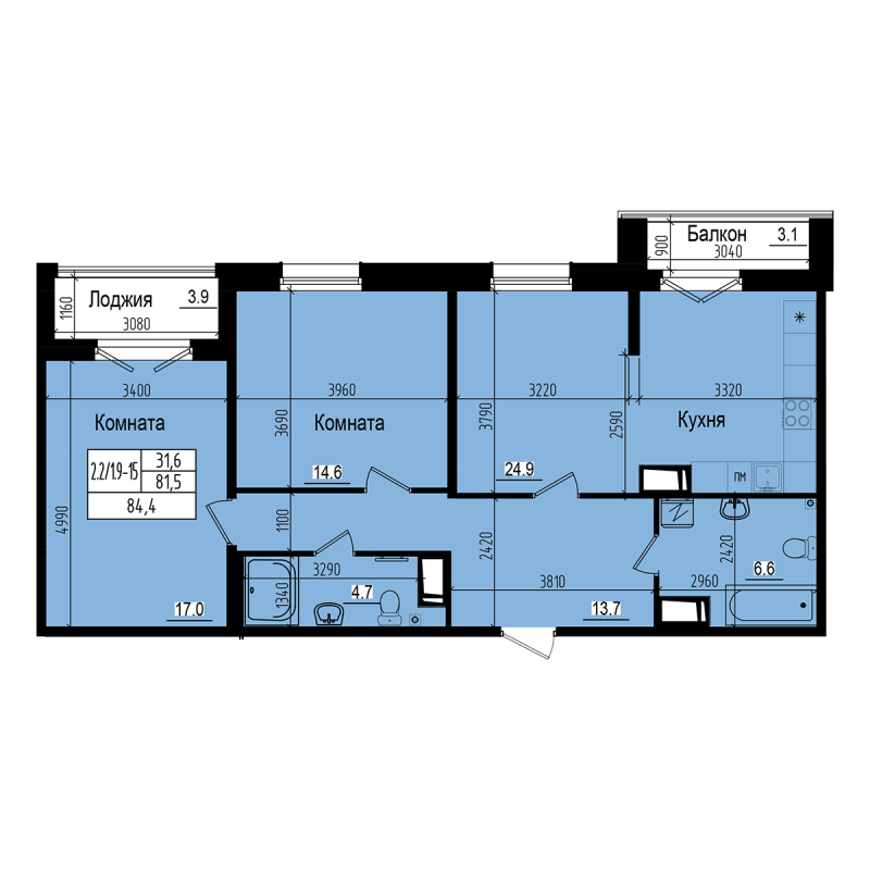 3-комнатная (Евро) квартира, 84.4 м² - планировка, фото №1