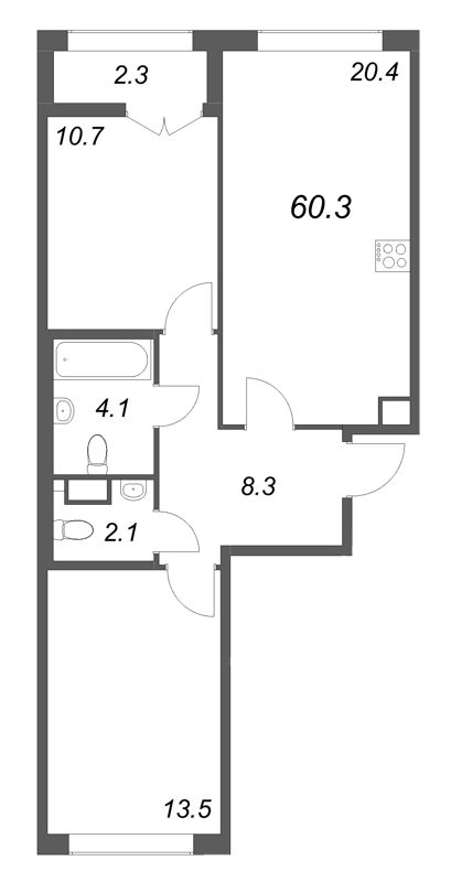 3-комнатная (Евро) квартира, 60.3 м² в ЖК "Кронунг ЮГ" - планировка, фото №1