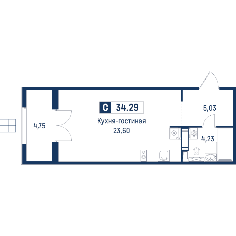 Квартира-студия, 34.29 м² в ЖК "Символист" - планировка, фото №1