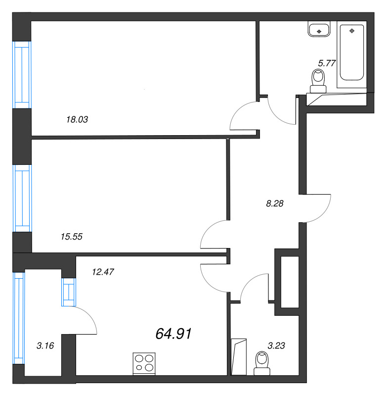 2-комнатная квартира, 64.91 м² в ЖК "Аквилон Leaves" - планировка, фото №1