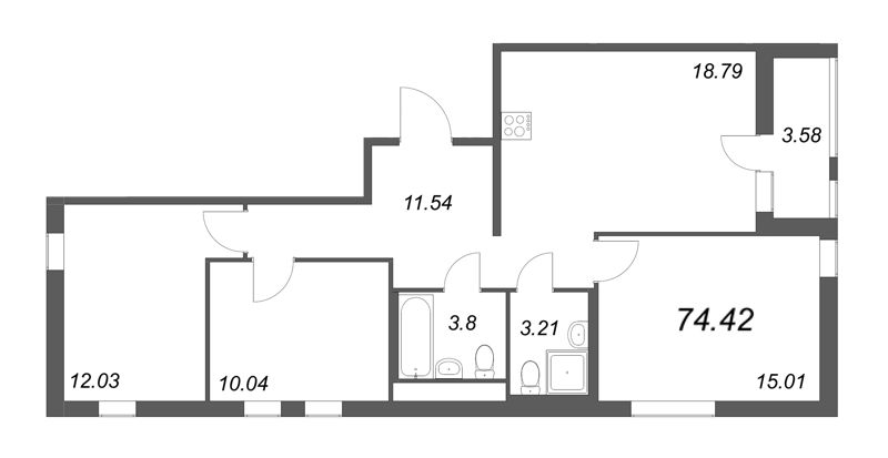 4-комнатная (Евро) квартира, 74.42 м² в ЖК "Мурино Space" - планировка, фото №1