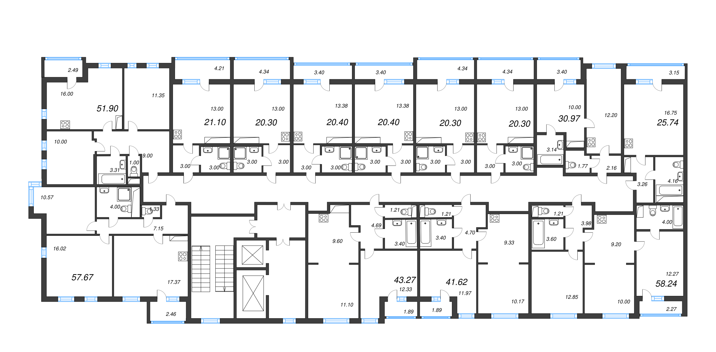 3-комнатная (Евро) квартира, 51.9 м² - планировка этажа