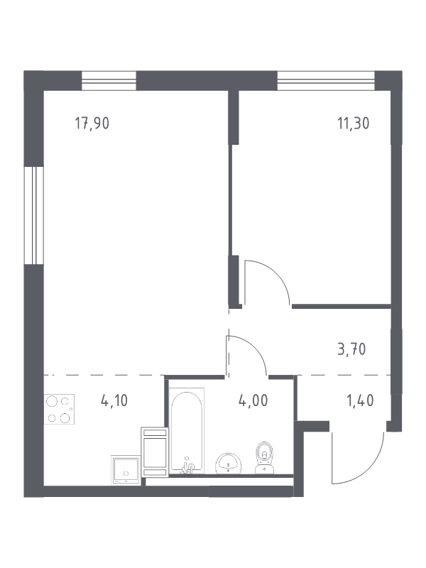 2-комнатная (Евро) квартира, 42.4 м² - планировка, фото №1