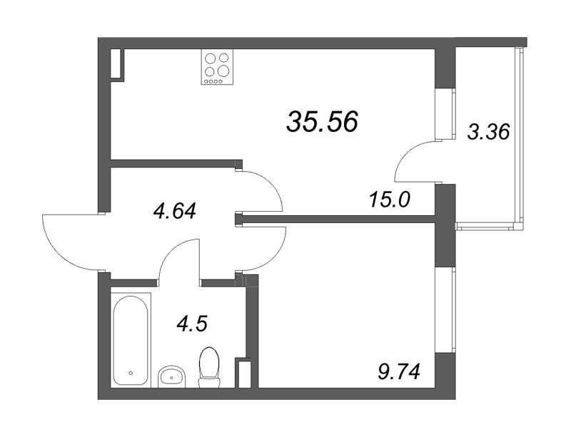 2-комнатная (Евро) квартира, 35.56 м² - планировка, фото №1