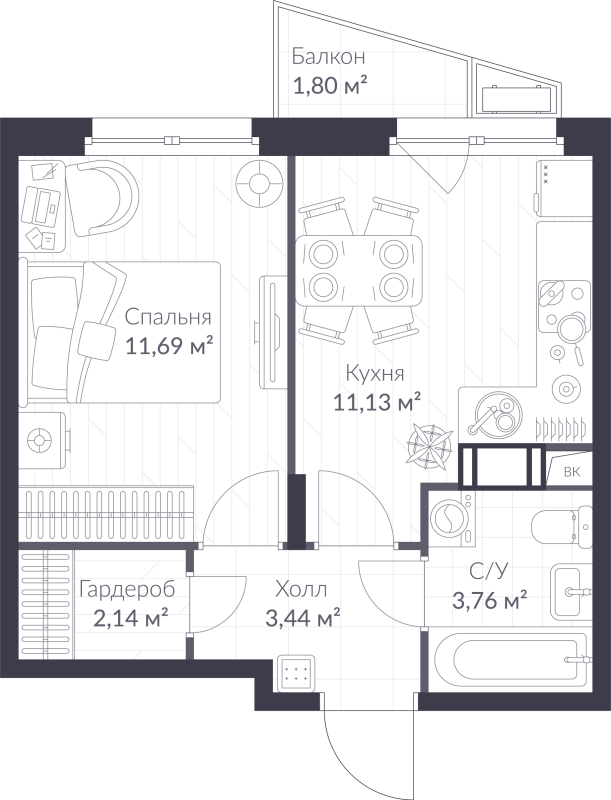 1-комнатная квартира, 32.7 м² в ЖК "ВЕРЕН НОРТ сертолово" - планировка, фото №1