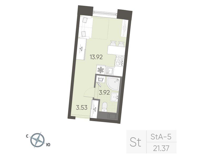 Квартира-студия, 21.37 м² в ЖК "Бульвар Грина" - планировка, фото №1