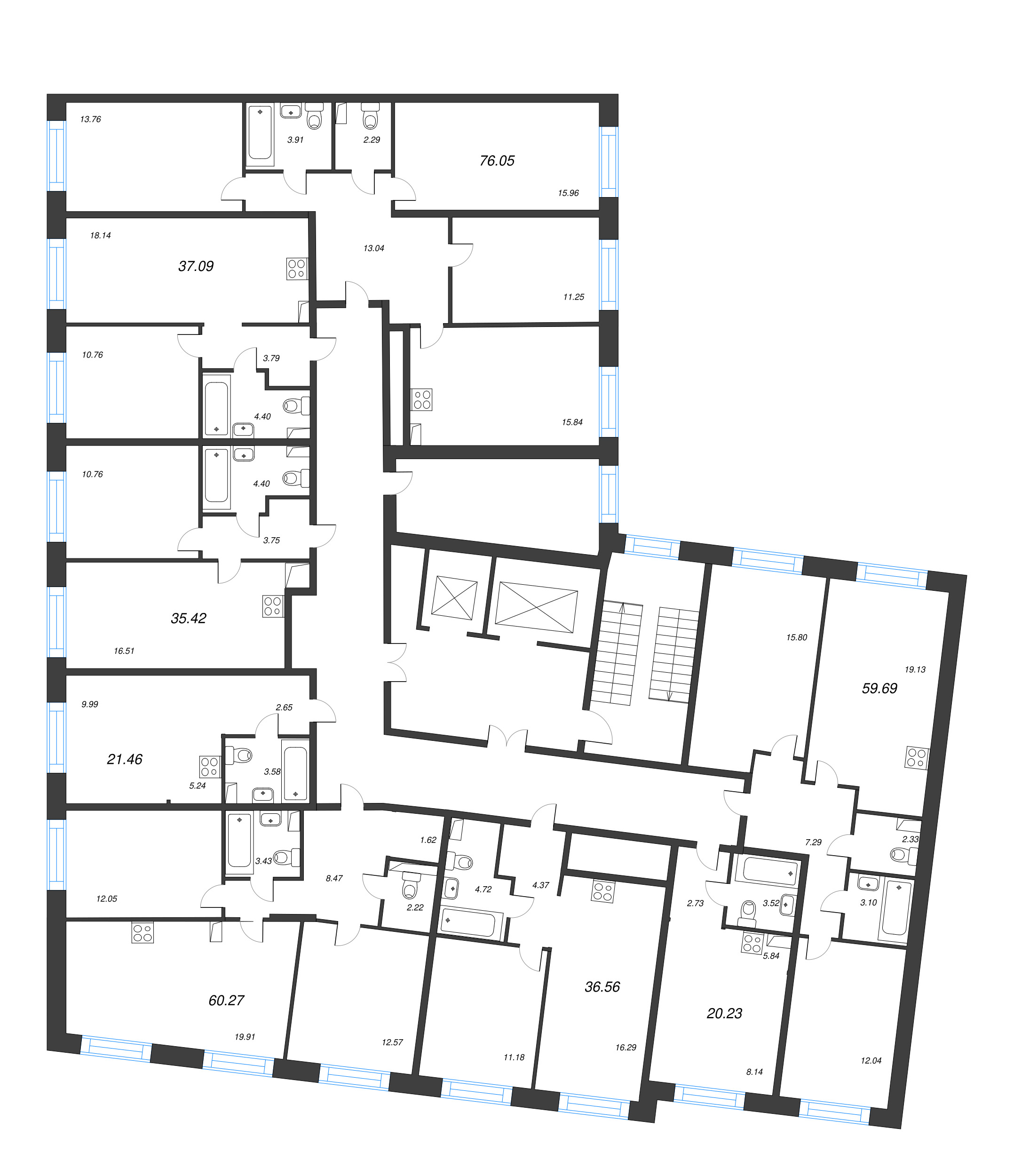 4-комнатная (Евро) квартира, 76.05 м² в ЖК "Остров Первых" - планировка этажа