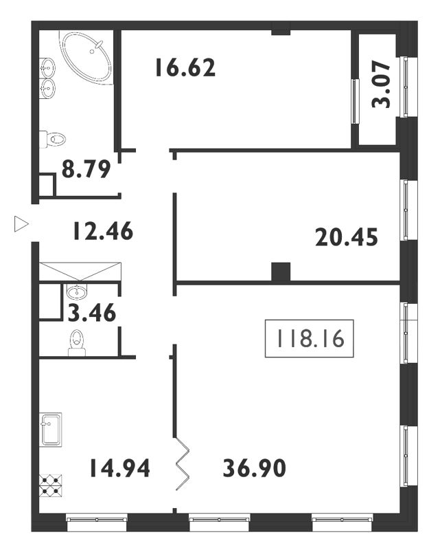 3-комнатная квартира, 118.3 м² - планировка, фото №1