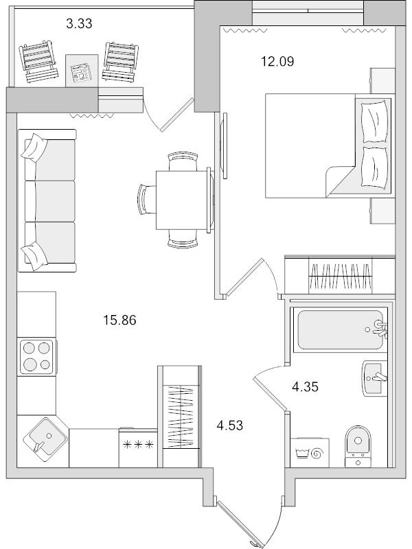 2-комнатная (Евро) квартира, 40.16 м² в ЖК "Parkolovo" - планировка, фото №1