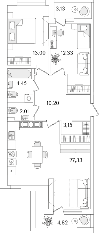 3-комнатная (Евро) квартира, 76.45 м² - планировка, фото №1