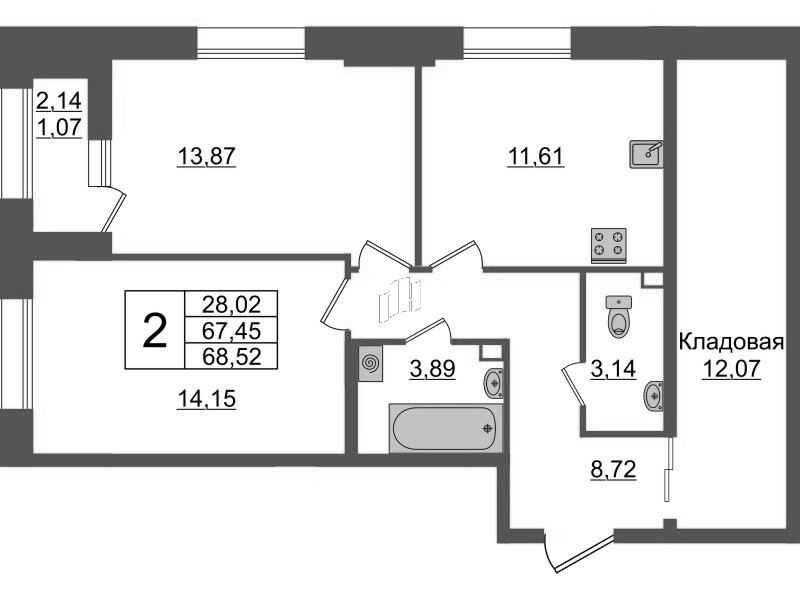 2-комнатная квартира, 68.52 м² в ЖК "Аквилон Leaves" - планировка, фото №1