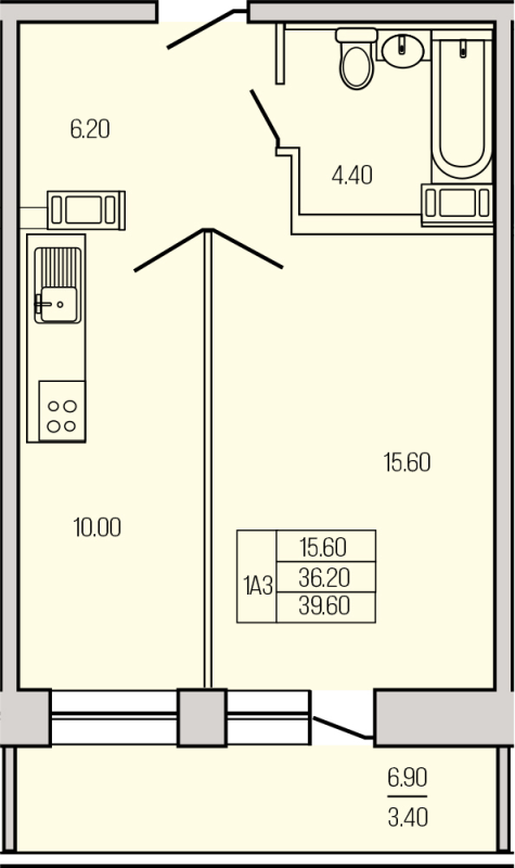 1-комнатная квартира, 39.1 м² в ЖК "Экос" - планировка, фото №1