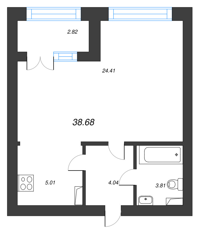 1-комнатная квартира, 38.68 м² - планировка, фото №1