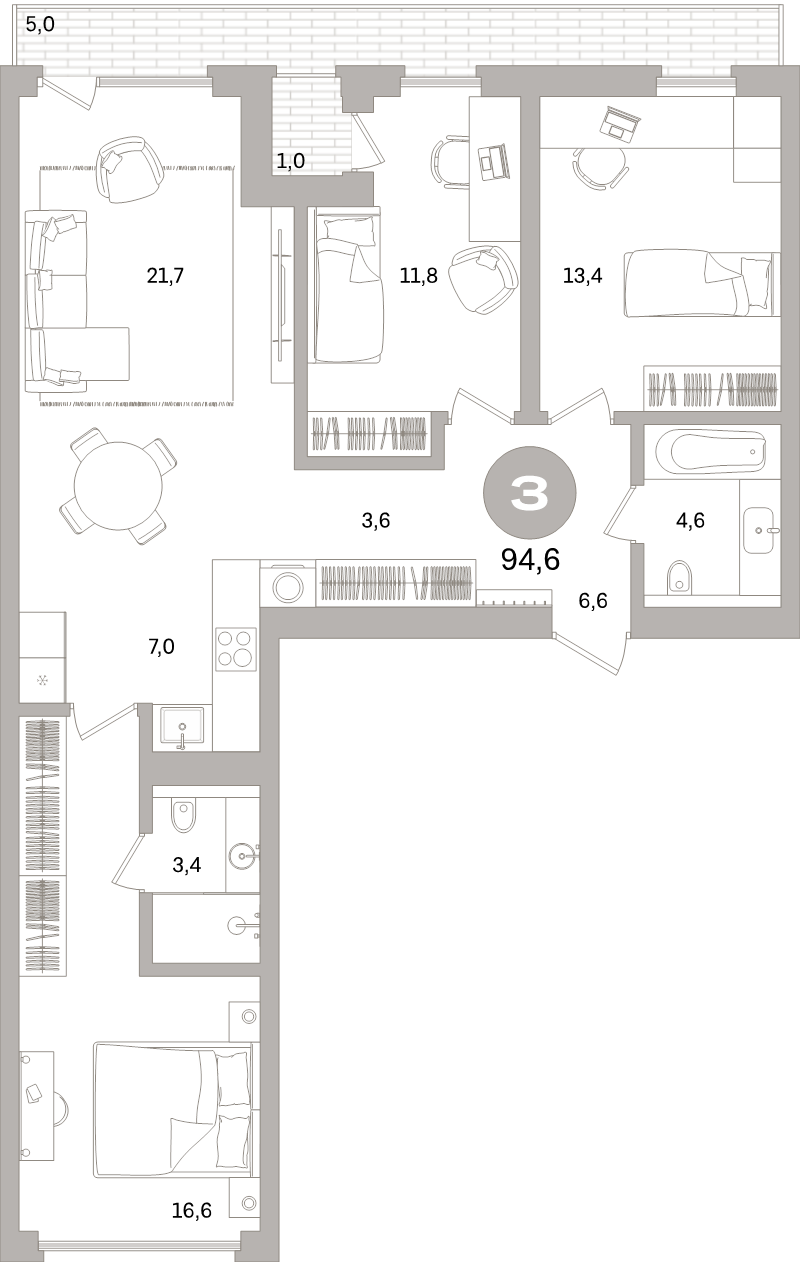 4-комнатная (Евро) квартира, 94.6 м² в ЖК "Северный ветер" - планировка, фото №1