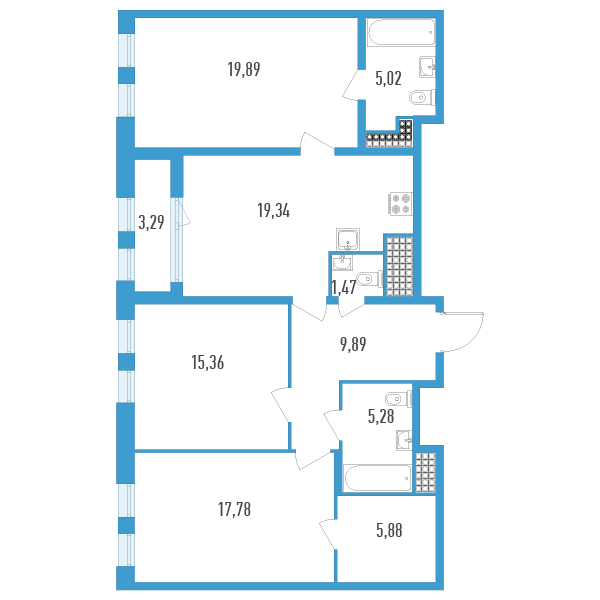 4-комнатная (Евро) квартира, 101.56 м² в ЖК "Дефанс Премиум" - планировка, фото №1