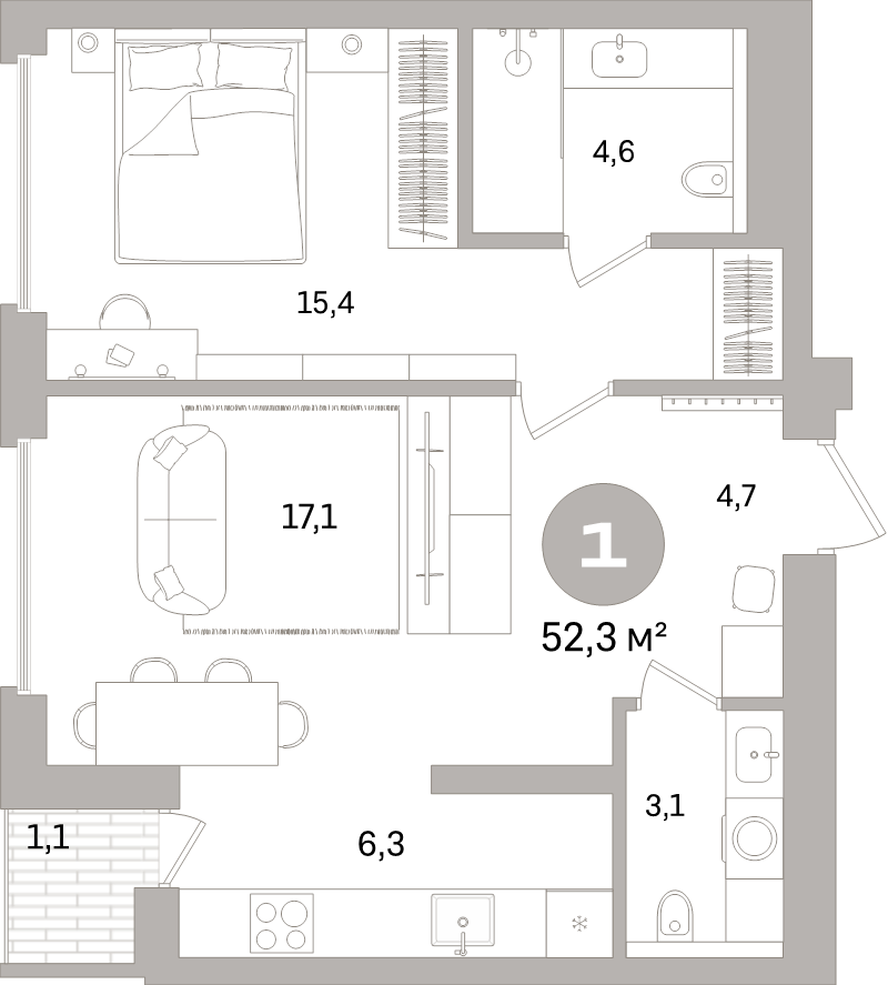 2-комнатная (Евро) квартира, 52.3 м² в ЖК "Северный ветер" - планировка, фото №1