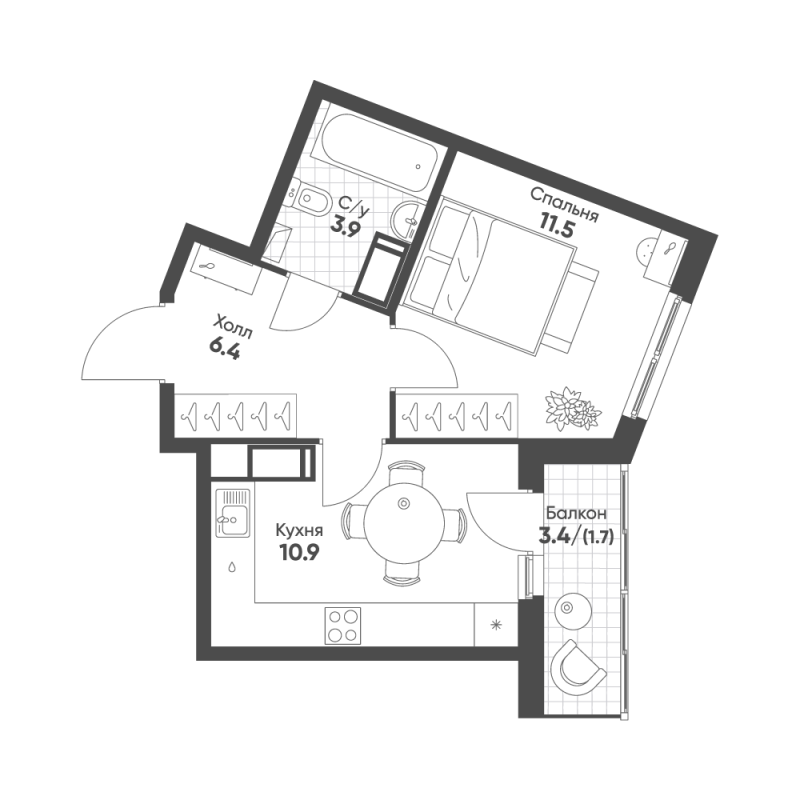 1-комнатная квартира, 34.4 м² в ЖК "Клюква.Парк" - планировка, фото №1
