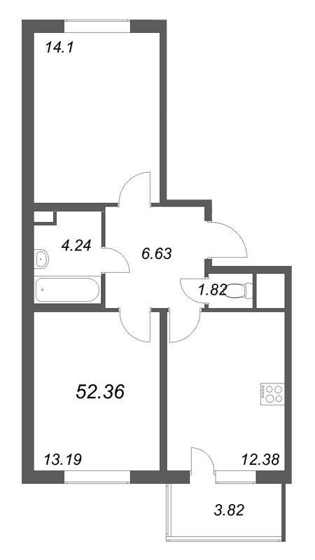 2-комнатная квартира, 52.36 м² в ЖК "ЮгТаун" - планировка, фото №1