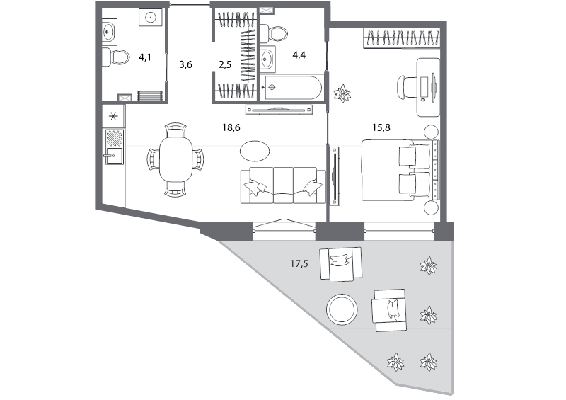 2-комнатная (Евро) квартира, 54.3 м² - планировка, фото №1