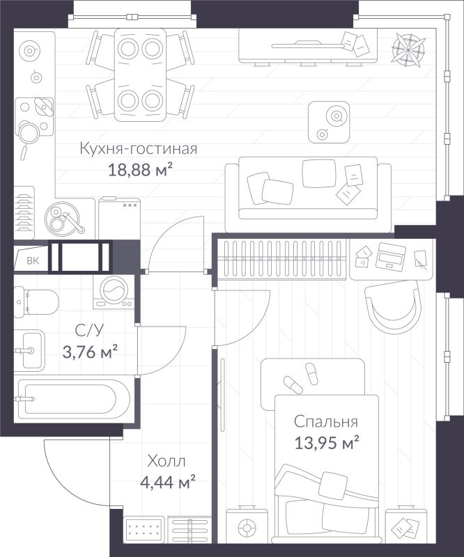 2-комнатная (Евро) квартира, 41.03 м² - планировка, фото №1