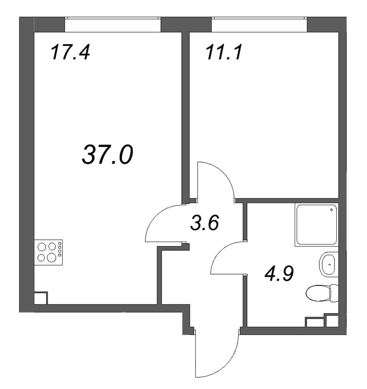 2-комнатная (Евро) квартира, 37 м² в ЖК "Пулково Лейк" - планировка, фото №1