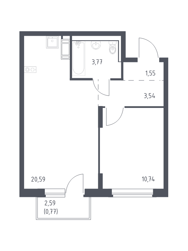 2-комнатная (Евро) квартира, 40.96 м² - планировка, фото №1