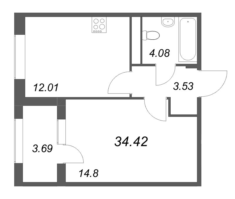 1-комнатная квартира, 34.42 м² в ЖК "Дубровский" - планировка, фото №1