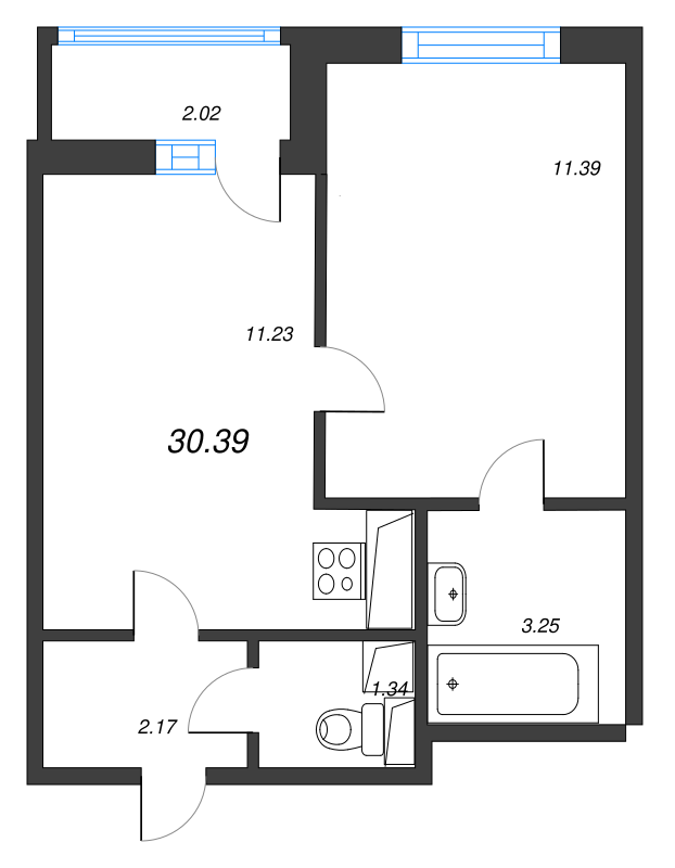1-комнатная квартира, 30.39 м² - планировка, фото №1