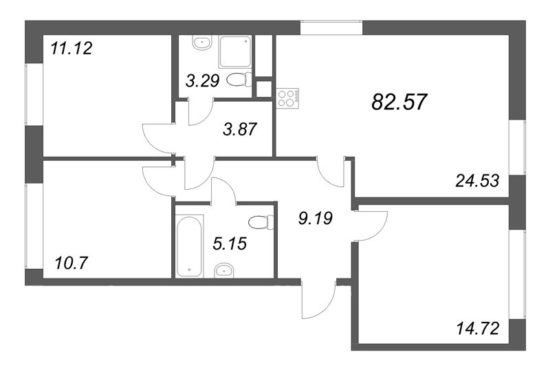 4-комнатная (Евро) квартира, 82.57 м² в ЖК "Соло. Петергоф" - планировка, фото №1