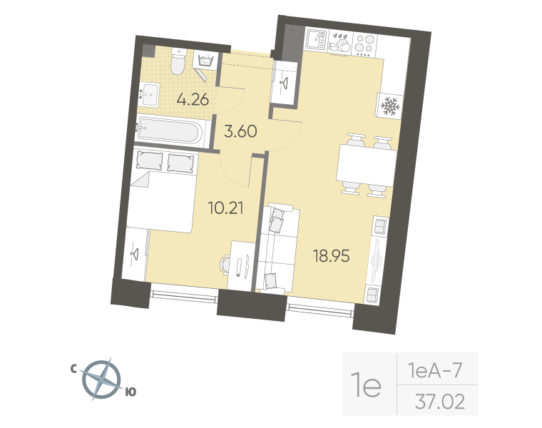 2-комнатная (Евро) квартира, 37.02 м² в ЖК "Бульвар Грина" - планировка, фото №1