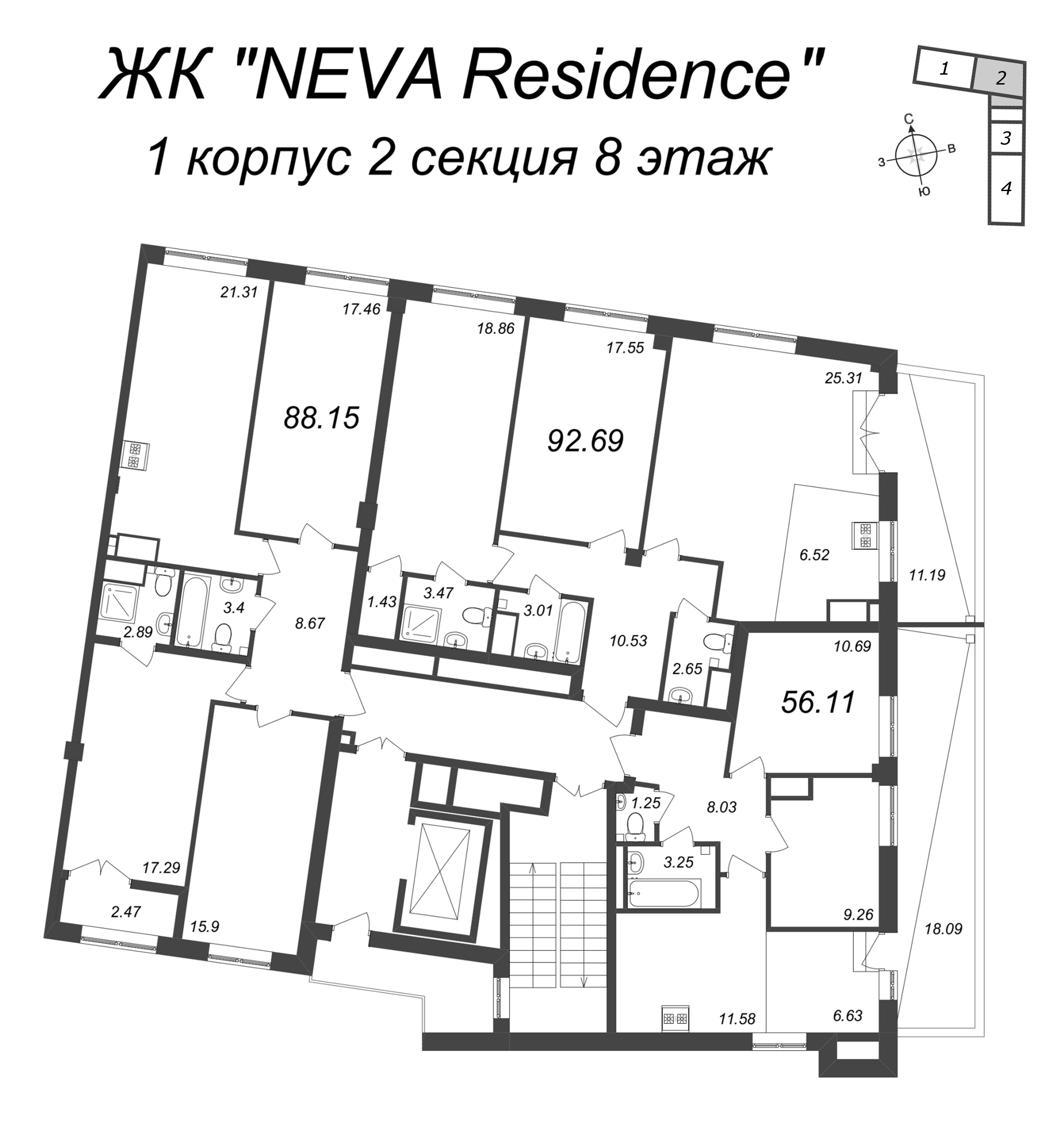 4-комнатная (Евро) квартира, 88.1 м² в ЖК "Neva Residence" - планировка этажа