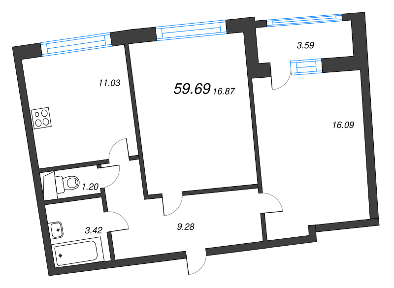 2-комнатная квартира, 59.69 м² в ЖК "Аквилон Riva" - планировка, фото №1