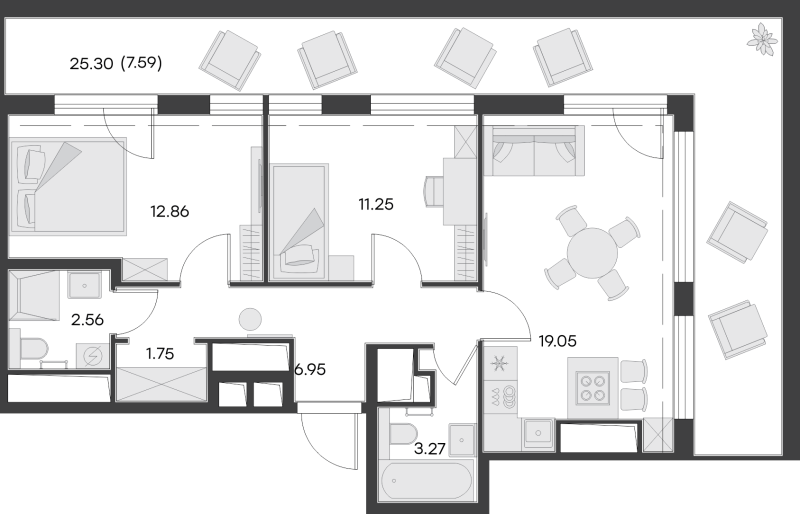 2-комнатная квартира, 67.9 м² - планировка, фото №1